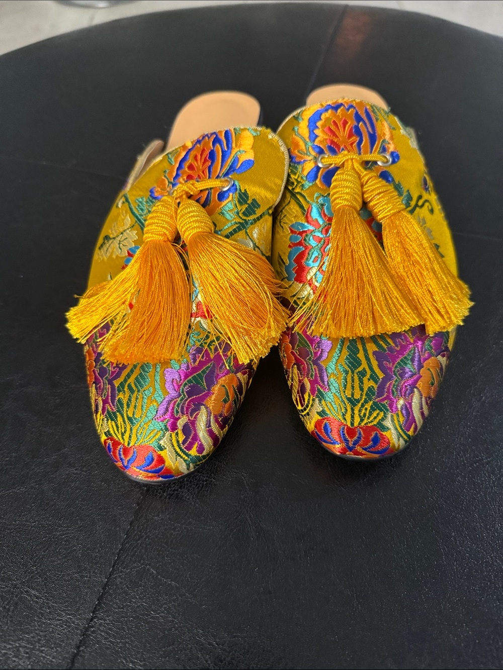 Embroidered Yellow Tassel Slip-On Mules